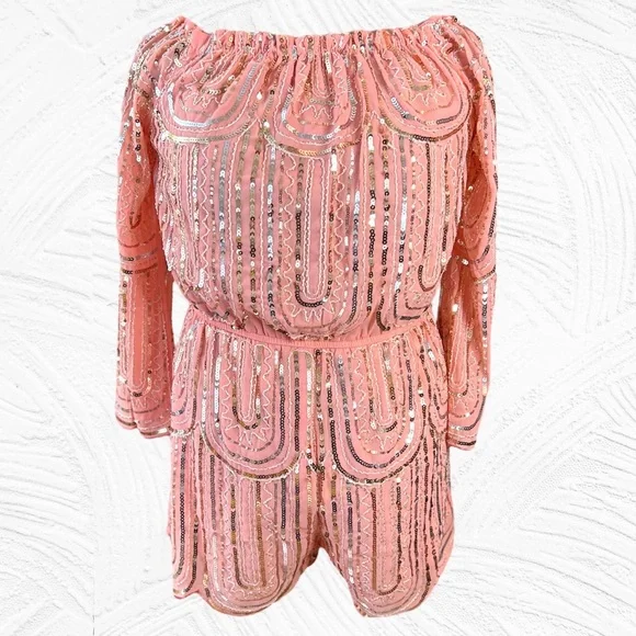🎀 Main Strip Pink Sequin Romper, Barbie, NFR Fashion, Women’s Size Large, NWT - Picture 15 of 15